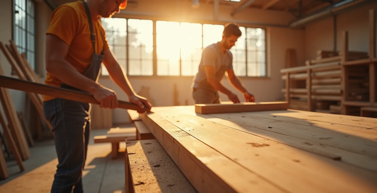 Atelier lumineux avec ouvriers assemblant des parois en bois préfabriquées