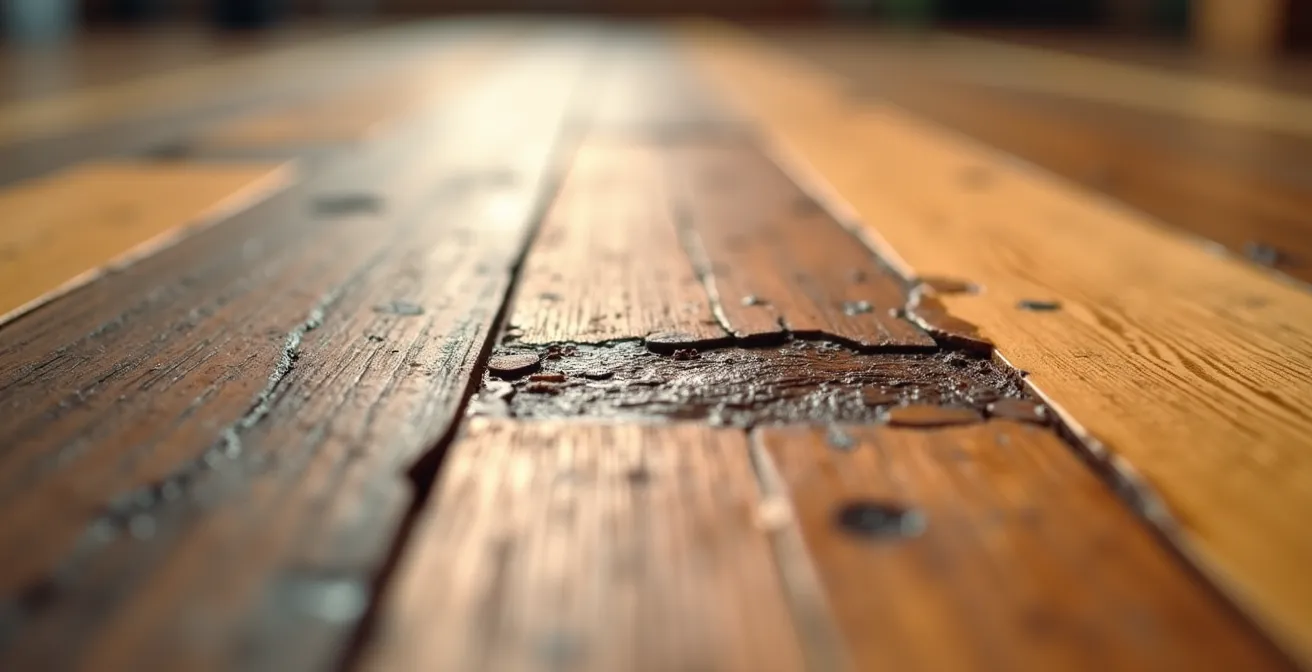 Vue macro d'un parquet massif avec zones altérées en contraste