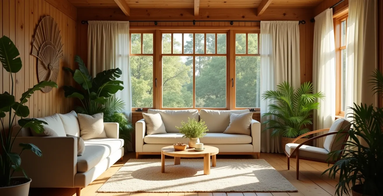 Salon confortable en bois avec lumière naturelle et plantes vertes