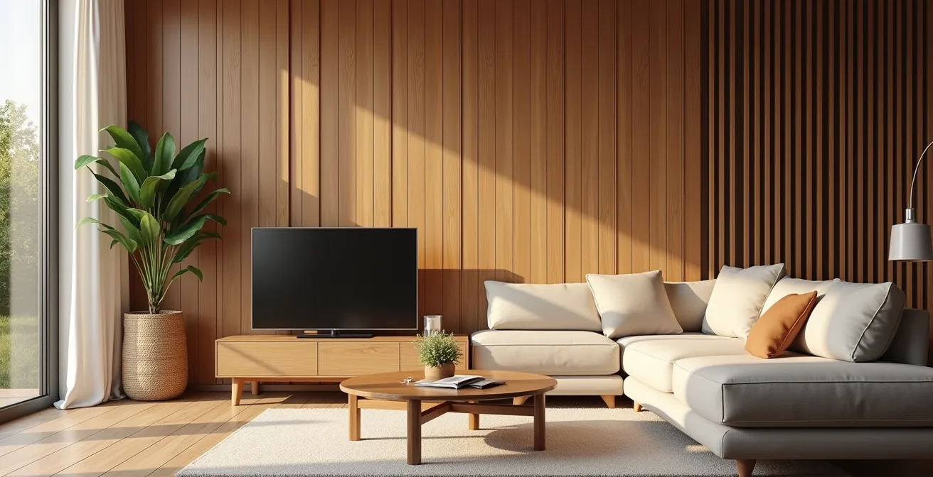 Intérieur d'une maison en bois moderne avec lumière naturelle et équipements domotiques intégrés