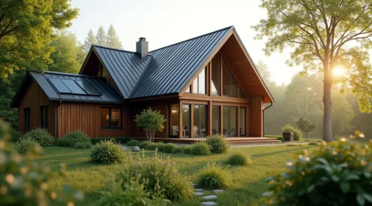 Vue aérienne d'une maison contemporaine à ossature bois entourée de nature, éclairée par une lumière douce du matin