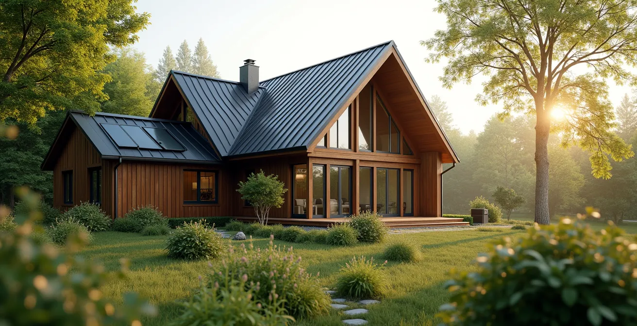Vue aérienne d'une maison contemporaine à ossature bois entourée de nature, éclairée par une lumière douce du matin