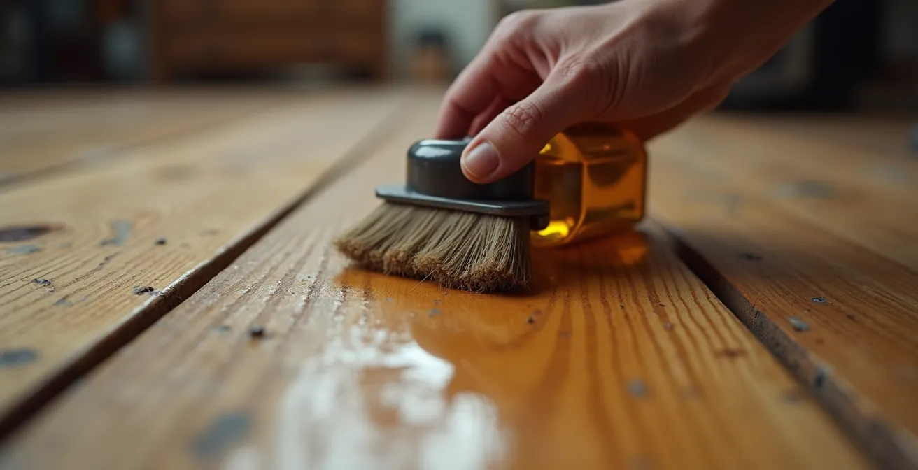 Vue en gros plan d'un parquet en bois massif ancien avec une main appliquant une huile rénovatrice, lumière naturelle douce